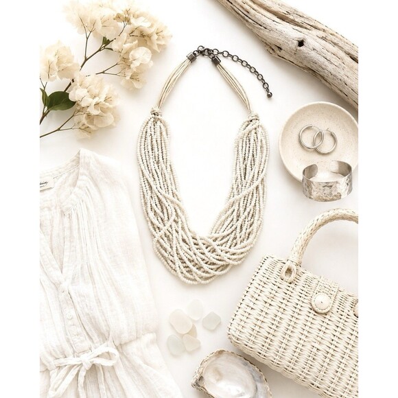 Unbranded Jewelry - White Multi Strand Seed Bead Statement Necklace Cream Beaded Boho Coastal 21